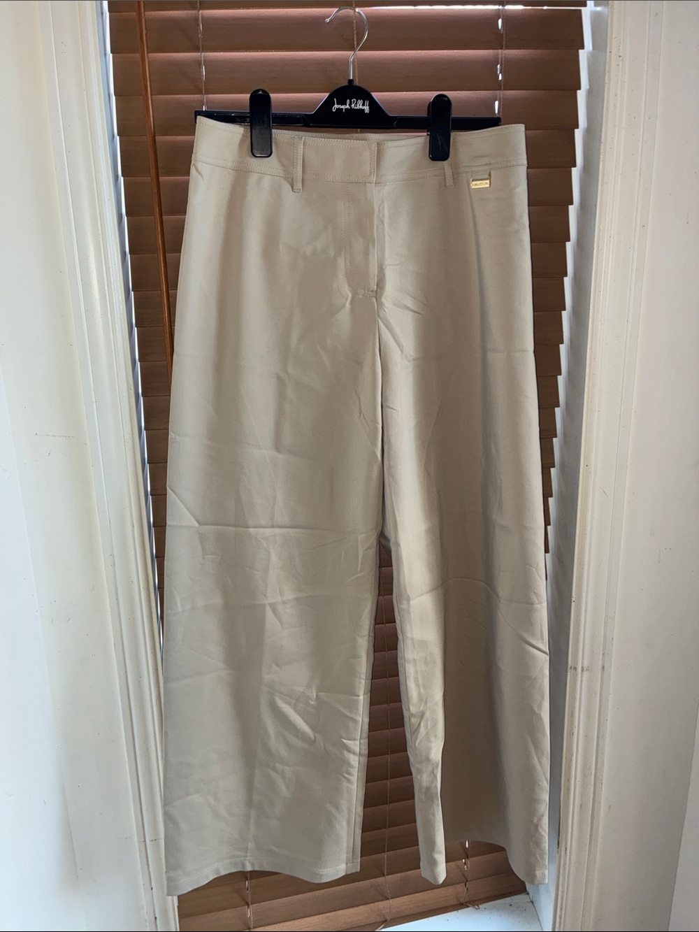 Halston Heritage Wide-Leg Cream Pants with Gold Logo